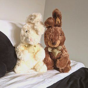 Bunny Plushies Lot of 2, Cream and Brown Rabbit Plush Toys Bed Decor